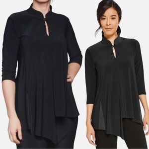 Sympli Double Over Top Button MockNeck Asymmetric Hem 3/4 Sleeve Black Womens 10